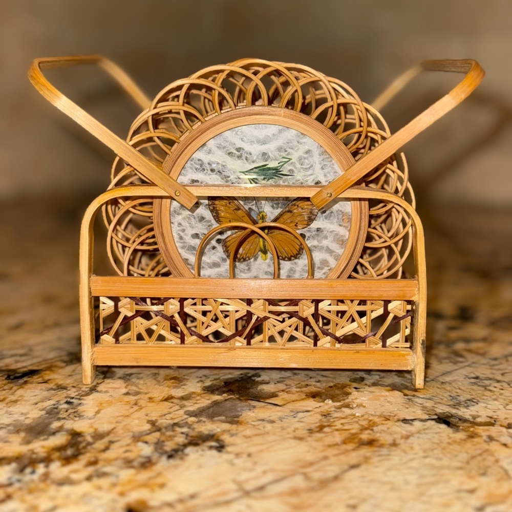 Vintage 1970’s 6 pressed butterfly wicker coasters in carry caddy